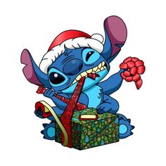 a cartoon character with a christmas hat on and holding a pipe in his mouth, sitting next to a gift box