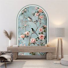 a room with a bench and flowers on the wall