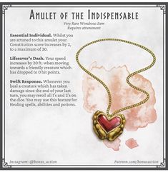 a necklace with a heart in the middle and an information card below it that says,'amulet of the indspensable '