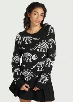 Dying For Dinos Sweater | ModCloth Spooky Sweater, Skeleton Sweater, Dinosaur Skeletons, Designer Plus Size Clothing, Cute Red Dresses, Spooky Black, Fall Sweaters For Women, Mix Match Outfits, Gingham Tops