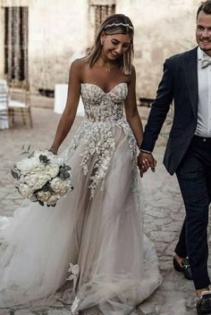 Boho Sweetheart Tulle Long Beach Charming Appliques Wedding Dress - Wedding Dresses Long Beach Wedding Dresses, Strapless Lace Wedding Dress, Beach Bridal Gown, Pnina Tornai, Rustic Wedding Dresses, Applique Wedding Dress, Long Wedding Dresses, Tulle Wedding, Tulle Wedding Dress