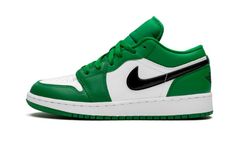 The Air Jordan 1 Low GS “Pine Green” is the slimmed down youth sizing of Michael Jordan’s first signature shoe.  The colorway brings to mind the team uniform colors of the Boston Celtics, which were a perennial opponent of Jordan’s throughout his career with the Chicago Bulls.  Green leather overlays are found on the forefoot, collar, and eyelets.  The color reappears on the heel and nylon tongue while the perforated toe and mid-panel are finished off with a crisp white leather.  A bold black le Jordan 1 Low Pine Green, Air Jordan 1 Pine Green, Green Jordans, Jordan Low, Nike Air Jordan 1 Low, All Nike Shoes, Sport Shoes Fashion, Popular Sneakers, 2020 Fashion