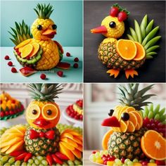 fruit sculptures made to look like birds and pineapples are featured in this collage