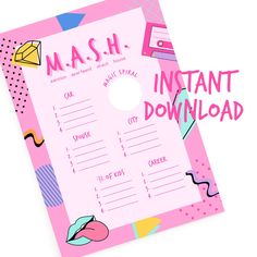 a printable mash game is shown with the words instant download on top of it