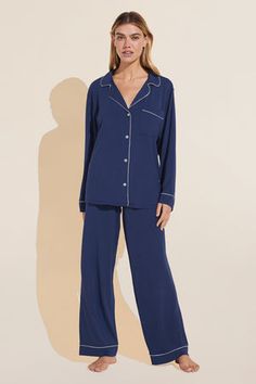 Gisele TENCEL™ Modal Long PJ Set Holiday 2024, Beautiful Night, Soft Pajamas, Button Front Top, Draped Fabric, Pj Sets, Classic Man, How To Feel Beautiful, Straight Leg Pants