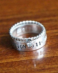 Child's Name - Birthstone Ring- Personalized Stackable- Sterling Silver- Hand Stamped- Push Present- Stackable Birthstone Rings, Push Present, Hand Stamped Ring, September Birthstone Rings, Stackable Ring Sets, Birthstone Rings, Name Ring, Stamped Rings, Mother Christmas Gifts