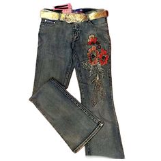 Pair Of Rare, Unique & Soft Stretch Blue Denim Jeans Bell Flare Leg Extremely Trendy And Fashionable Jeans Low Rise Runway Style Jean Pants Embroidered Red Gold And Brown Flowers With Beaded Embellishments, Glitter And Sequins. Comes With Iridescent Belt. See Photos For Details. New With Original Tags. Fitted Embroidered Dark Wash Jeans, Fitted Dark Wash Embroidered Jeans, Embellished Denim Bottoms For Fall, Fitted Embellished Medium Wash Jeans, Fall Embellished Denim Bottoms, Embellished Fitted Jeans For Fall, Embellished Dark Wash Denim Bottoms, Embellished Fitted Dark Wash Jeans, Casual Embellished Jeans For Fall