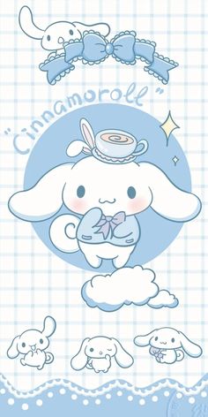 a blue and white card with an image of a bunny holding a cup in it's lap