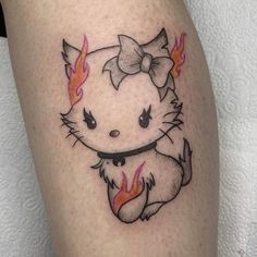 a cat with a bow on it's head and fire coming out of its eyes