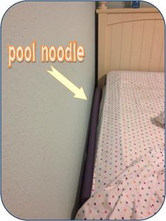 an image of a bed with the word pool noodle on it's side