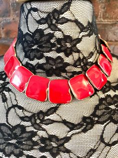 Cherry Red Enamel Modernist Choker Collar Necklace, Awesome 80s Fashion Statement, Notable Vintage Design  80s book piece  This piece has signs of wear, but is in overall great vintage condition. I will Polish it and gift it nicely 🦋 www.MySoulRepair.com an Etsy shoppe 🌿 www.MySoulRepair.NYC  glamour jewelry & gifts  Curated by marta michaud 🌸 Long Choker Necklace, Vintage Haute Couture, Chunky Choker Necklace, 70s Costume, Glamour Jewelry, White Beads Bracelet, Cloisonne Earrings, Chunky Choker, Amethyst Birthstone