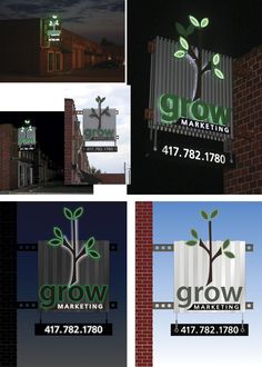 four different signs with the words grow marketing on them, and an image of a plant growing out of it