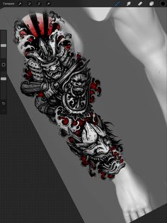 an image of a tattoo on the arm and leg, with red accents in black and white