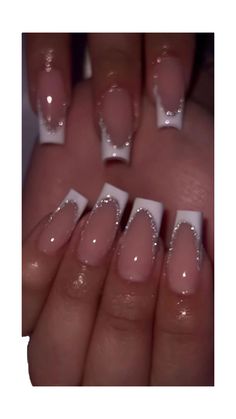 White French Tip With Silver Glitter, White Glitter Nails French Tips, Christmas Nails Square Medium, Winter French Tip Nails Square, White And Silver Christmas Nails, Winter Nails Silver, Christmas Nails Sparkly, Sparkly Acrylic Nails, White Tip Nails