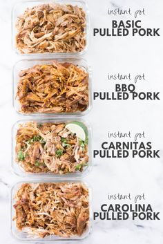 four plastic containers filled with pulled pork and three different types of pulled pork in them