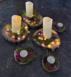 four candles are placed on wood slices with moss and lights