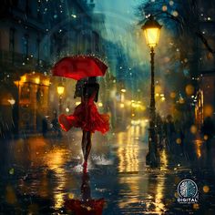 a woman in a red dress holding an umbrella on a rainy street at night with lights