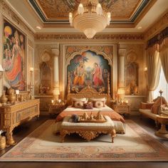 an ornate bedroom with paintings on the walls