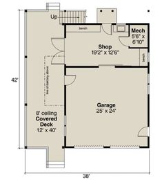 the floor plan for a two story house with an attached garage and living room area