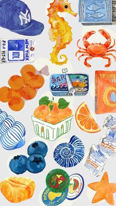 an assortment of stickers that include oranges, seahorses and other items