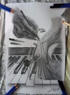 a pencil drawing of two hands on top of a piano keyboard, one holding a pen and the other writing