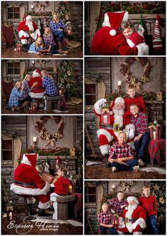 a collage of photos with santa and his family