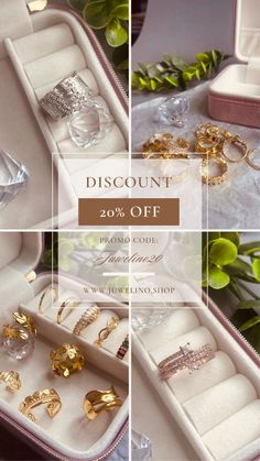 an assortment of rings and bracelets are displayed in different boxes with the words discount 20 % off