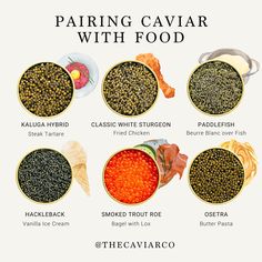 the different types of caviar with food in their bowls and labeled on each side