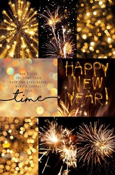 fireworks and new year's eve greeting card with the words happy new year written in gold