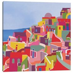 an abstract painting of colorful houses on the hillside with blue sky and ocean in background