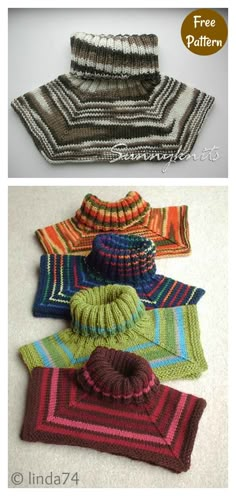 four different knitted hats and scarves are shown in three different colors, each with a pom - pom