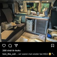 the inside of an rv with furniture and other items in it's storage area