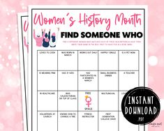 a women's history month printable with the text, find someone who doesn't