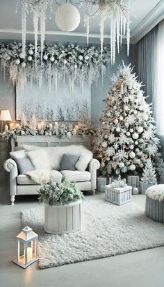 a living room filled with white christmas decorations