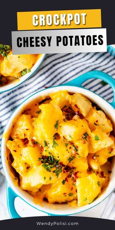 two bowls filled with cheesy potatoes on top of a table