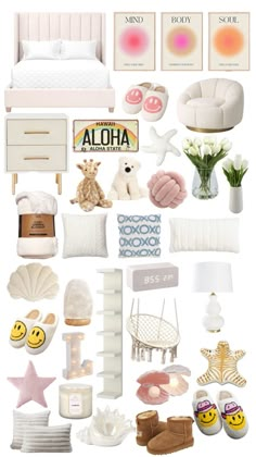 a collage of white furniture and accessories with the words aloha above them