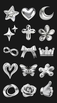 a bunch of different metal objects on a black background, including hearts, stars and other things