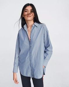 The oversized button down you've been looking, this long sleeve boyfriend fit shirt is made from cotton & silk and features seasonal banker stripes. Classic Oversized Shirt With Striped Collar, Fall Daywear Shirt With Striped Collar, Fall Season Striped Collar Shirt For Daywear, Oversized Cotton Shirt With Striped Collar, Poplin Shirt, Boyfriend Fit, You've Been, Grosgrain Ribbon, Cotton Silk