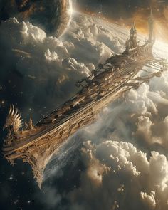 an artist's rendering of a space ship floating in the sky with clouds surrounding it