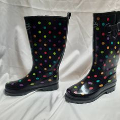 Nwot K Komfort Me Colorful Polka Dot Rainboots Black Rainbow Colors, Side Buckle, Adjustable Strap, Moisture Absorbing Fabric Lining. Non-Slip Soles. Never Worn. But Boots Have Been Wiped Down With A Sanitizer. All Shoes And Boots Have Been Cleaned, Sanitized, Conditioned And Or Polished Before Pictures. Please See All Pictures As Part Of Description. Great For Gardening, Walking In Rain/Snow, Working Outdoors. Size 6 Polka Dot Rain Boots, Black Rainbow, Shoes And Boots, Rainbow Colors, Rain Boots, Bootie Boots, Polka Dot, Adjustable Straps, Ankle Boots