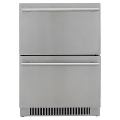 a silver refrigerator freezer sitting on top of a white wall