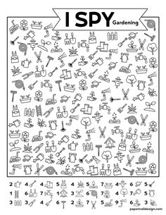 the i spy gardening activity sheet with numbers and symbols for each letter, which is in black and white