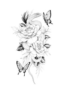 a black and white drawing of flowers with butterflies