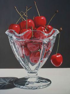 a painting of cherries in a glass bowl