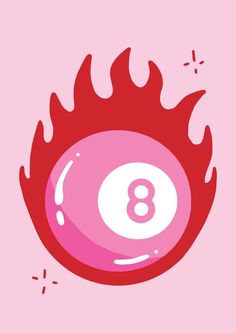 a pink and red pool ball with the number eight in it's center surrounded by flames