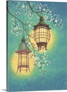 two lanterns hanging from a tree branch with white flowers on it, against a blue sky background