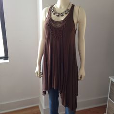 Never Been Worn. Brown Flowy Top, Long Enough To Also Wear As Dress. With Lace Embellishment On Front. Different Sized Panels Of Chiffon. Brown Stretch Summer Blouse, Brown Stretch Blouse For Summer, Stretch Brown Blouse For Summer, Flowy Brown Blouse For Summer, Bohemian Blouse With Asymmetrical Hem For Summer, Brown Summer Blouse For Layering, Bohemian Summer Tops With Asymmetrical Hem, Bohemian Tops With Asymmetrical Hem For Summer, Flowy Top