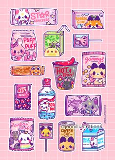 an assortment of stickers on a pink background with the words hello kitty and other items