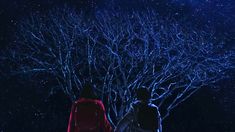 two people standing next to each other in front of a tree with blue lights on it