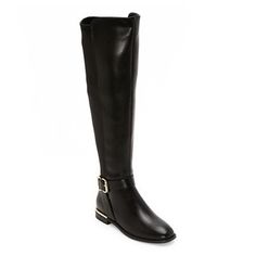 These elegant and stylish Liz Claiborne women's Jepson black boots are a versatile and statement-making choice for the cooler season. Made from a sleek and durable material with a rubber sole and memory foam insole, they feature an over-the-knee silhouette, a closed toe, a low heel offering comfort for all-day wear, and side buckles. Features: ComfortClosure Type: ZipperFootwear Technology: Memory Foam InsoleShaft Circumference: 14 1/2 InchesBoot Shaft Height: 19 3/4 InchesShoe Heel Height: 1 In Slim Calf Boots, Slim Calves, Knee Boots Black, Comfortable Boots, Stacked Heel, Boots Black, Liz Claiborne, Over The Knee Boots, Over The Knee